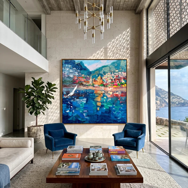 Colorful Italian Harbor Wall Art – Mediterranean Coastal Town Painting#yy825080