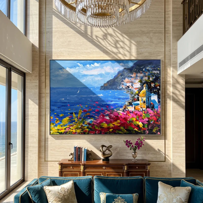 Italian Riviera Wall Art – Blue Bay & Pink Bougainvillea#yy825082
