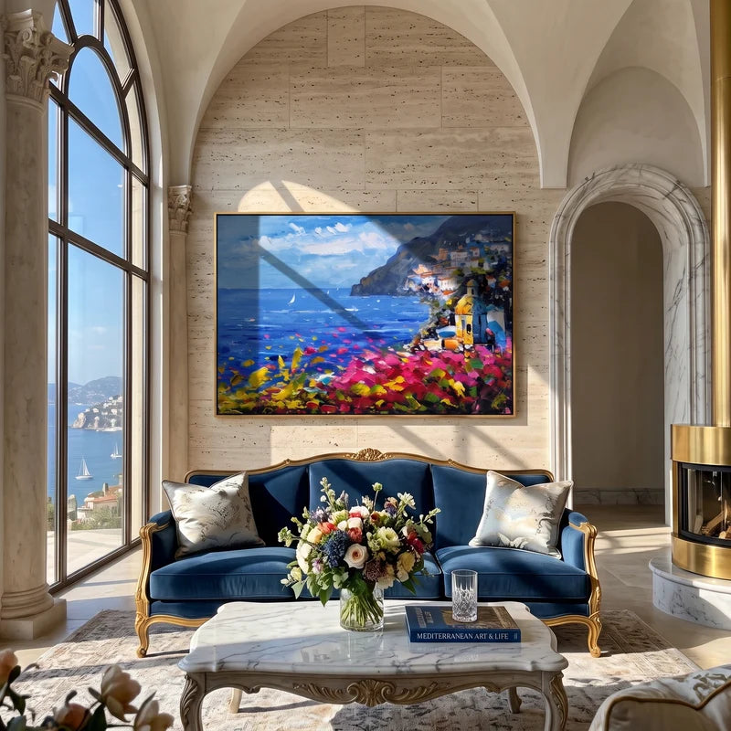 Italian Riviera Wall Art – Blue Bay & Pink Bougainvillea#yy825082