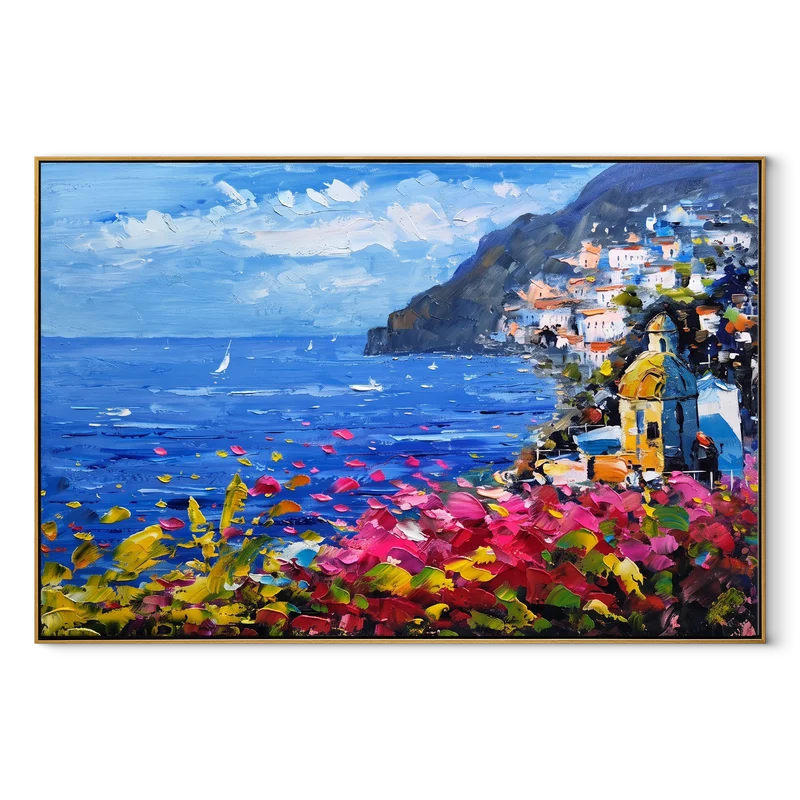 Italian Riviera Wall Art – Blue Bay & Pink Bougainvillea#yy825082