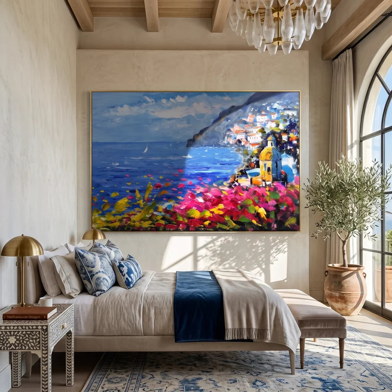 Italian Riviera Wall Art – Blue Bay & Pink Bougainvillea#yy825082