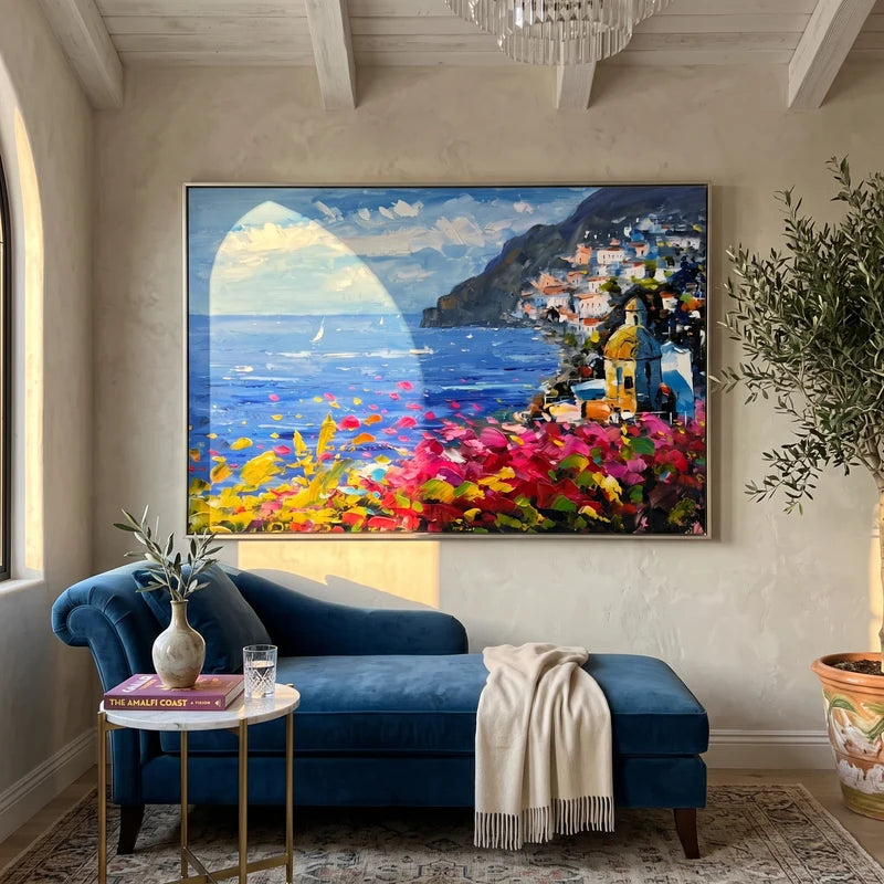 Italian Riviera Wall Art – Blue Bay & Pink Bougainvillea#yy825082