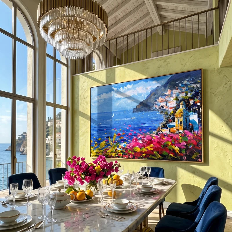 Italian Riviera Wall Art – Blue Bay & Pink Bougainvillea#yy825082