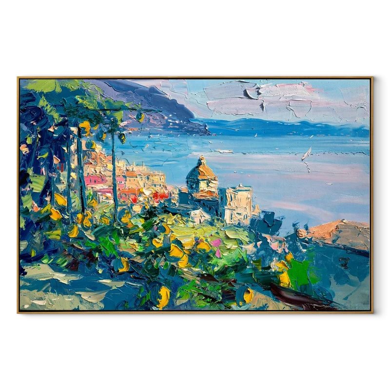 Italian Lemon Coast Wall Art – Mediterranean Village Painting#yy825084