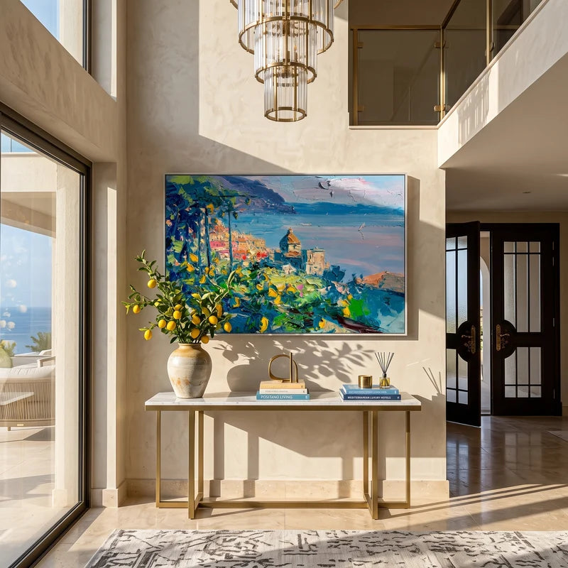 Italian Lemon Coast Wall Art – Mediterranean Village Painting#yy825084