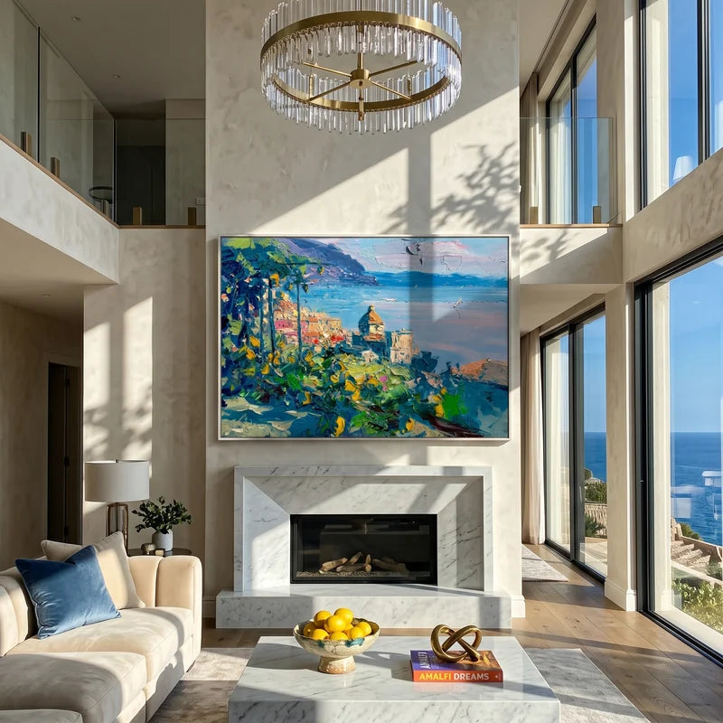 Italian Lemon Coast Wall Art – Mediterranean Village Painting#yy825084