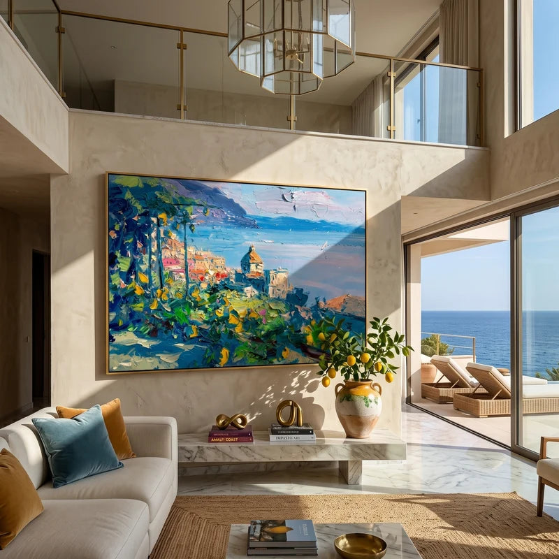 Italian Lemon Coast Wall Art – Mediterranean Village Painting#yy825084