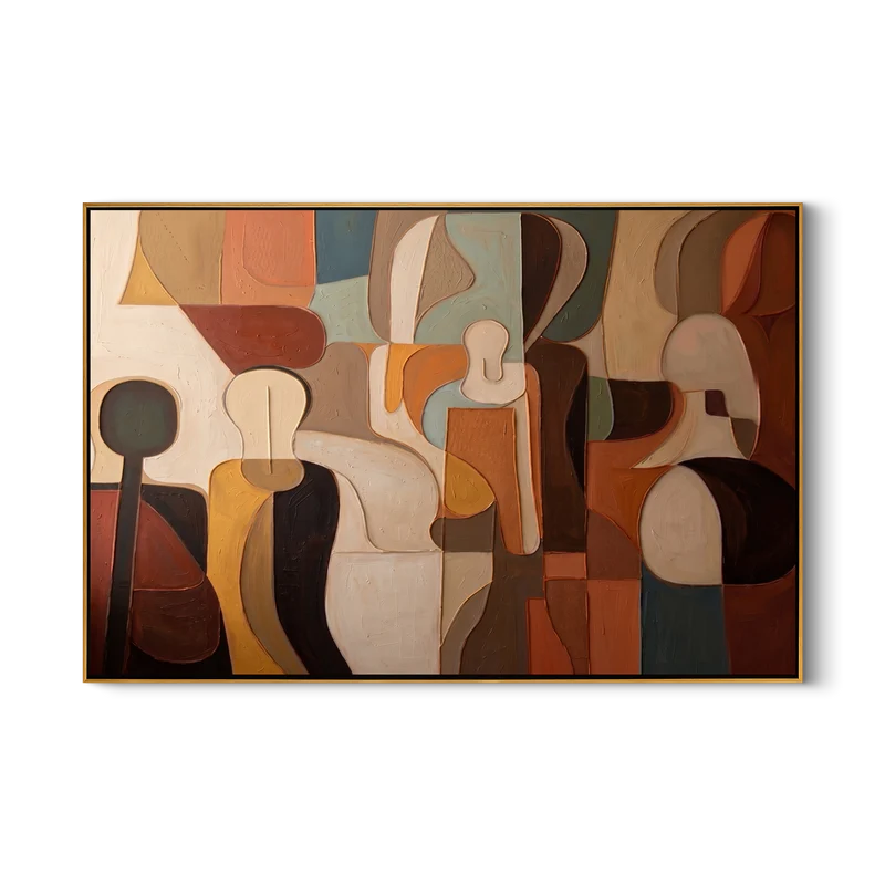 Mid-Century Abstract Figure Wall Art – Earth Tone Geometric Painting#yy825086
