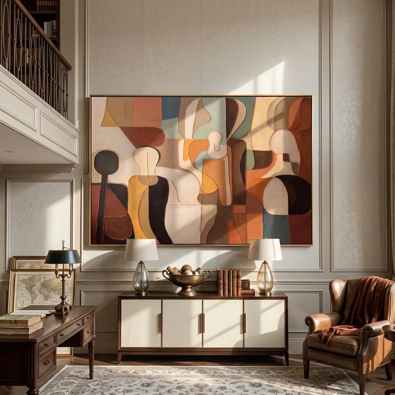 Mid-Century Abstract Figure Wall Art – Earth Tone Geometric Painting#yy825086