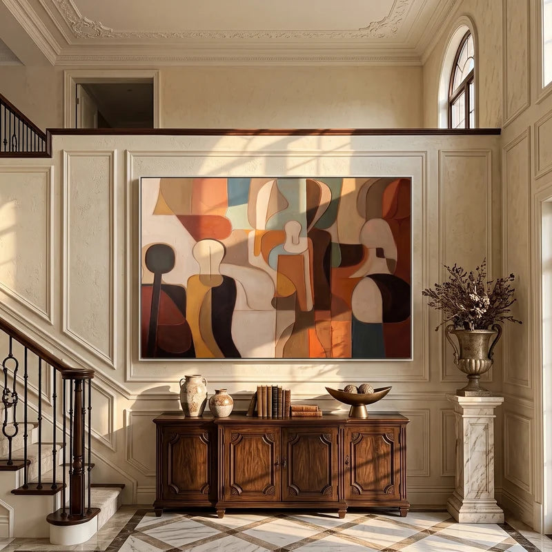 Mid-Century Abstract Figure Wall Art – Earth Tone Geometric Painting#yy825086