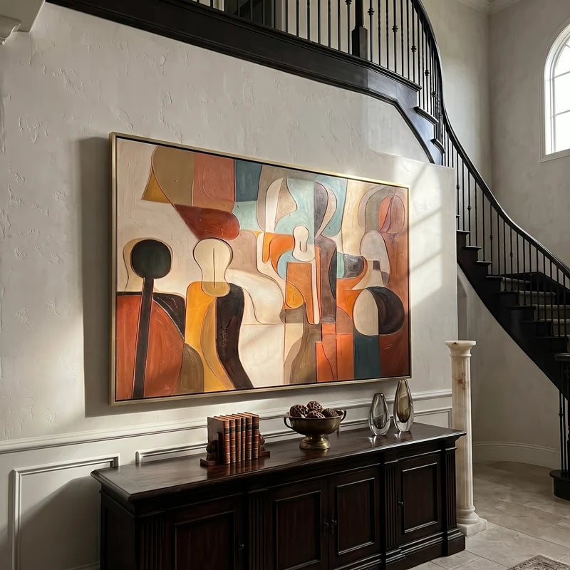 Mid-Century Abstract Figure Wall Art – Earth Tone Geometric Painting#yy825086