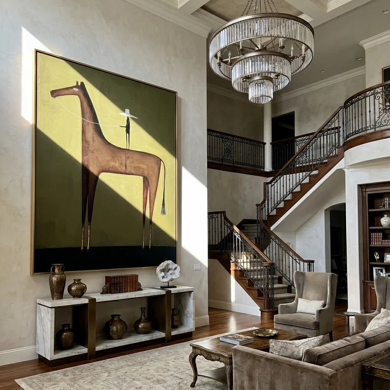 Tall Brown Horse Rider Wall Art – Olive Green Western Painting#yy825087