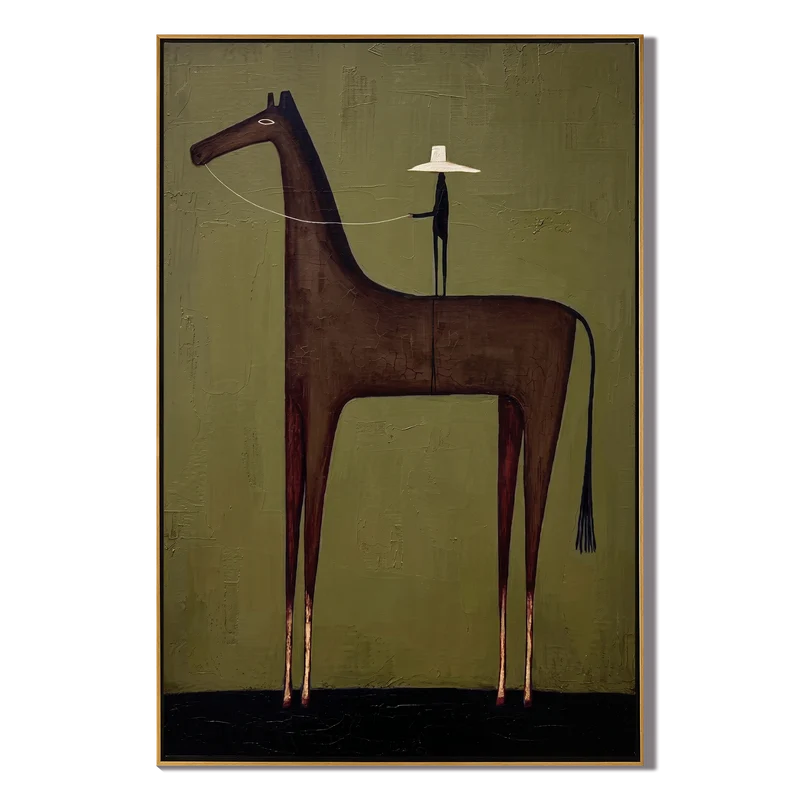 Tall Brown Horse Rider Wall Art – Olive Green Western Painting#yy825087
