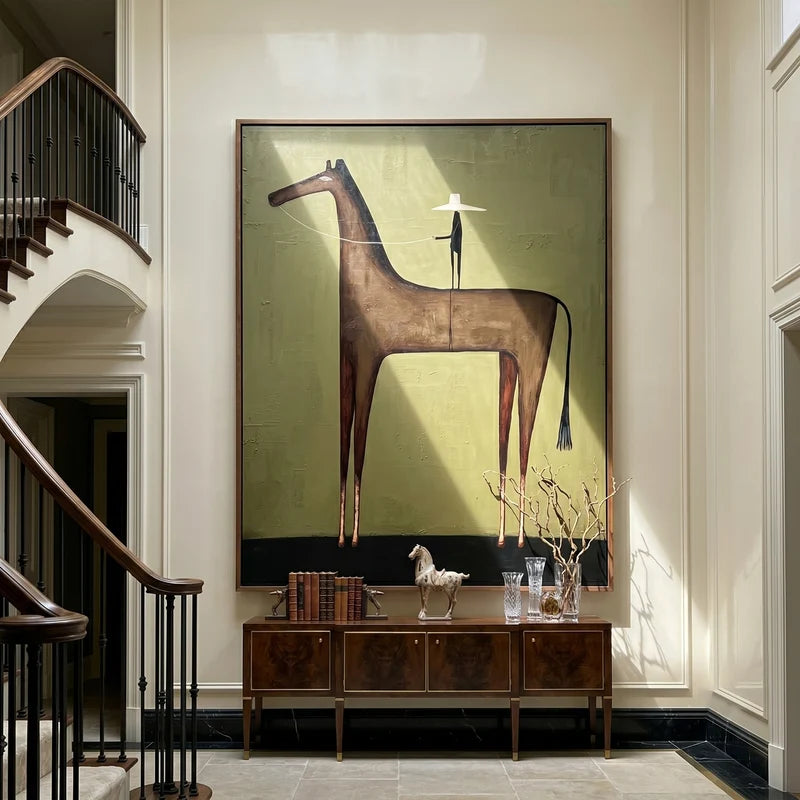 Tall Brown Horse Rider Wall Art – Olive Green Western Painting#yy825087
