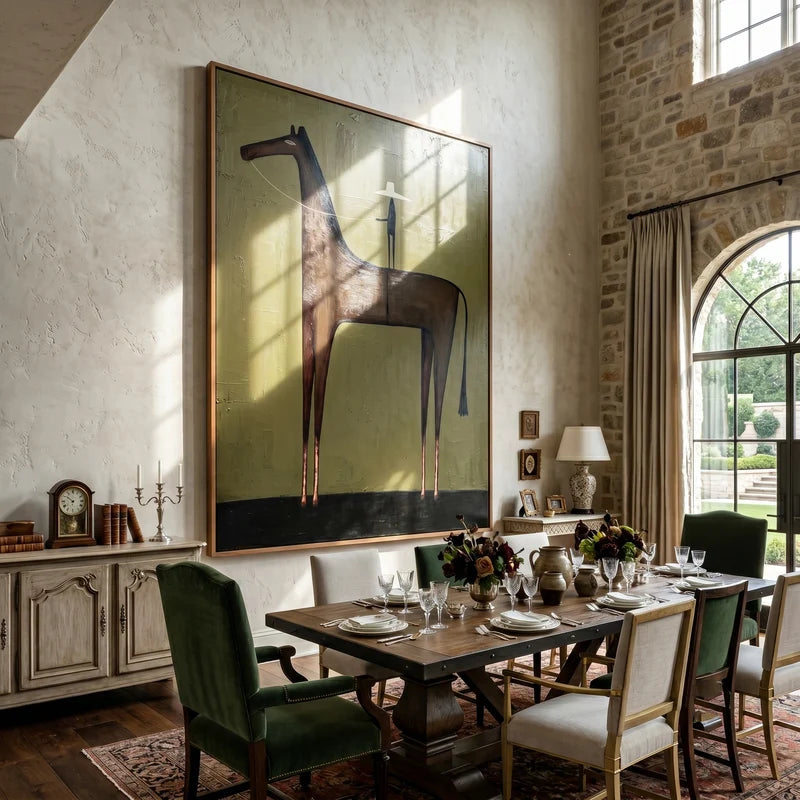 Tall Brown Horse Rider Wall Art – Olive Green Western Painting#yy825087