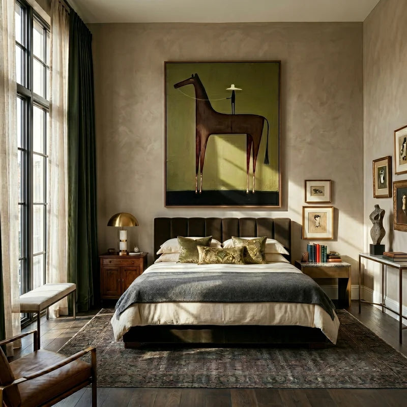 Tall Brown Horse Rider Wall Art – Olive Green Western Painting#yy825087