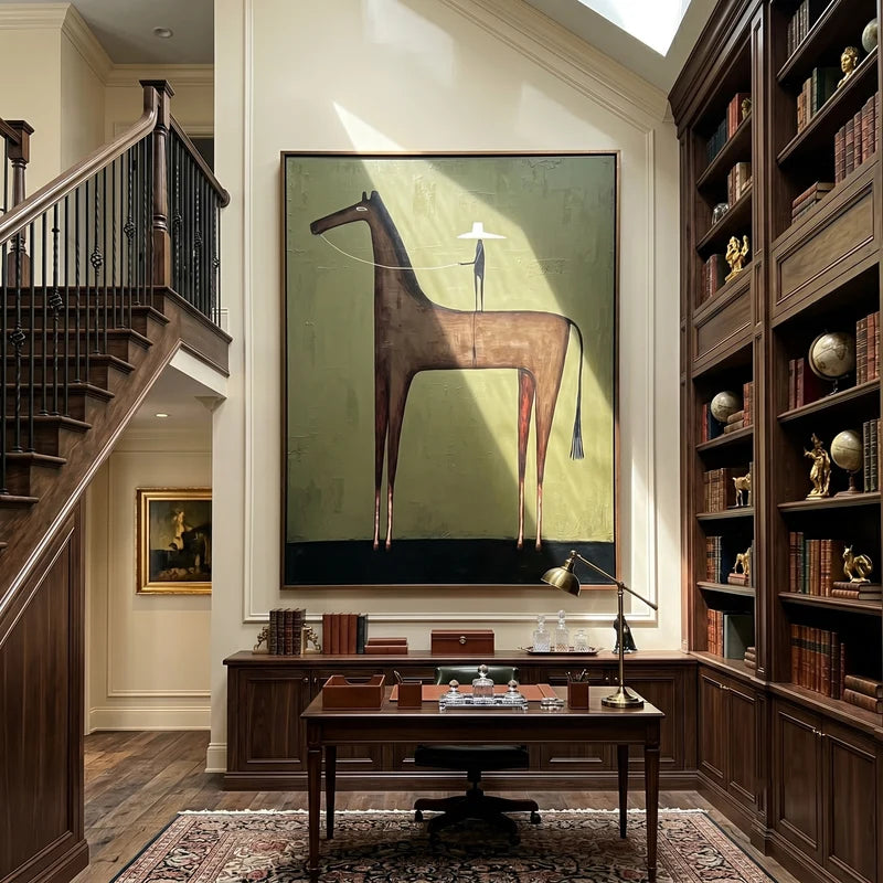 Tall Brown Horse Rider Wall Art – Olive Green Western Painting#yy825087