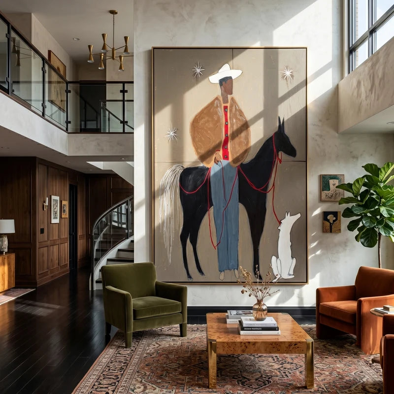 Cowboy Horse and Dog Wall Art – Starry Western Folk Painting#yy825089