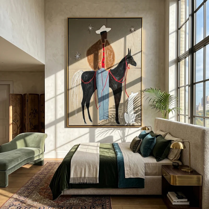Cowboy Horse and Dog Wall Art – Starry Western Folk Painting#yy825089