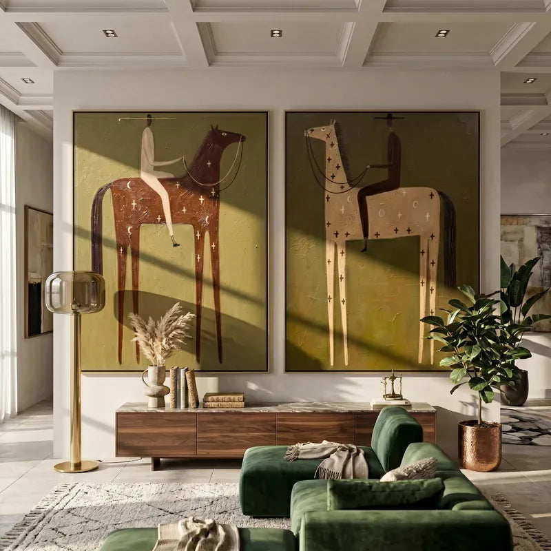 combine Folk Art Horse and Rider Wall Art – Brown & Tan Set of 2#yy825094