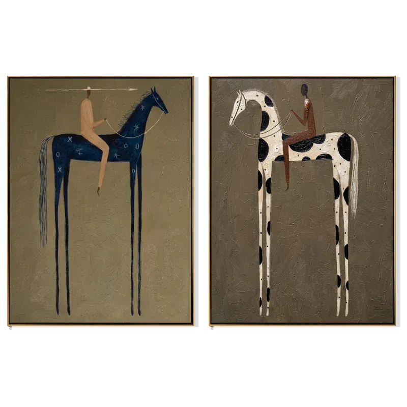Blue and Spotted Horse Wall Art – Folk Art Rider Set of 2#yy825095