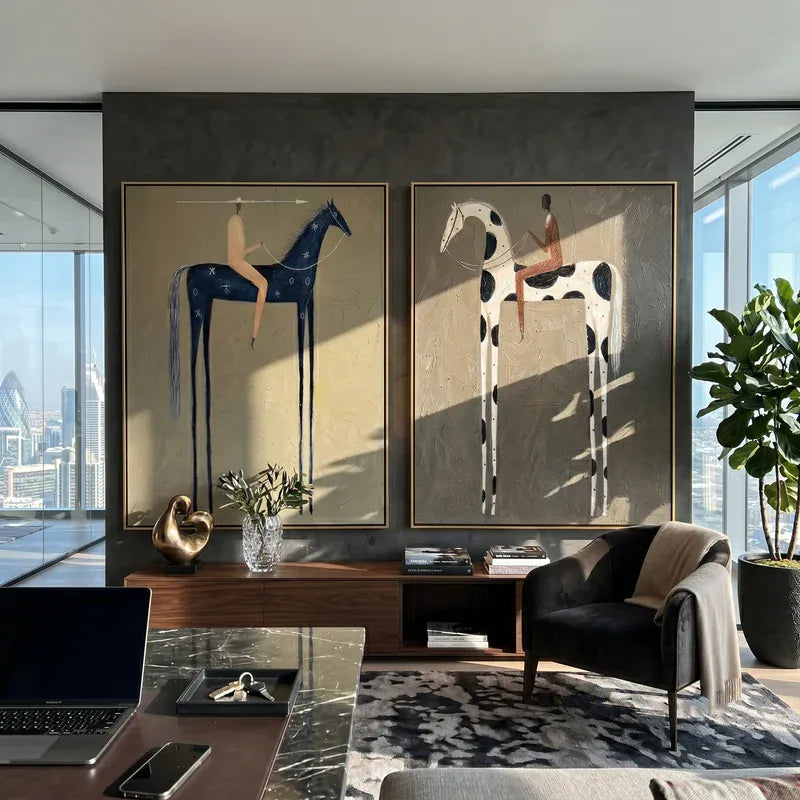 Blue and Spotted Horse Wall Art – Folk Art Rider Set of 2#yy825095