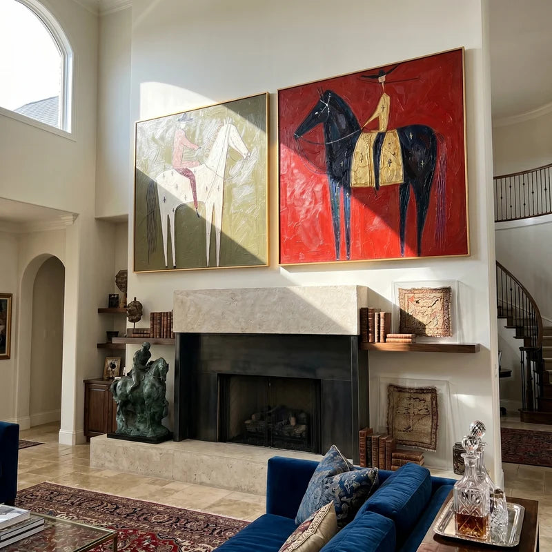 Celestial White and Black Horse Riders Diptych – Red and Olive Western Art#yy825099