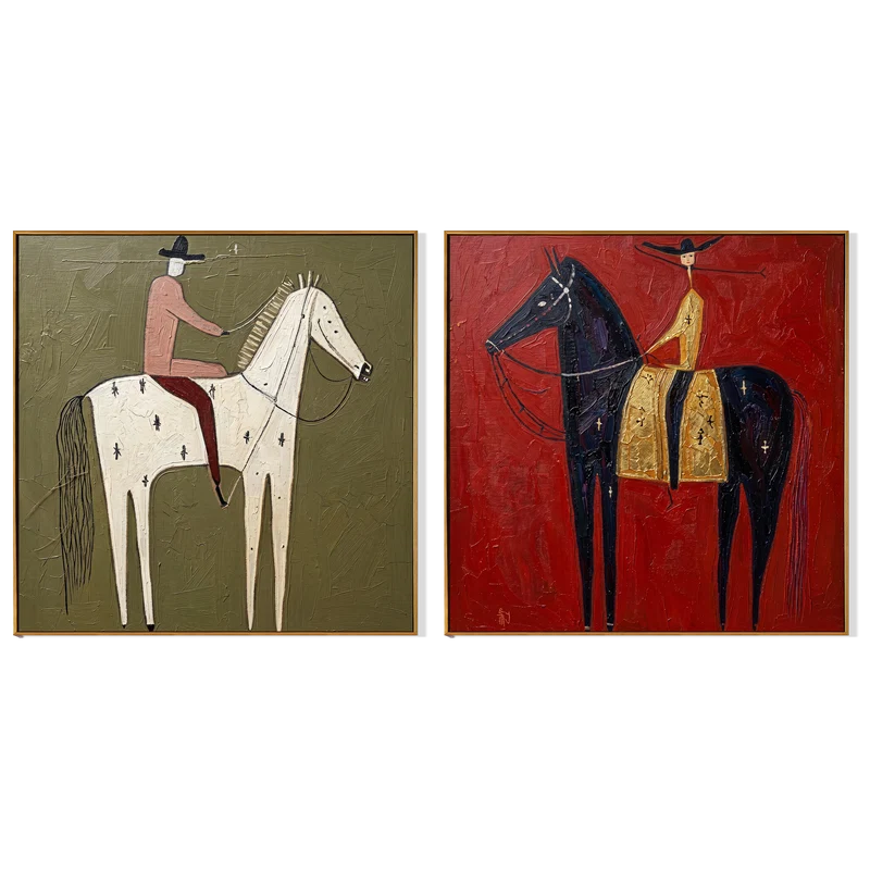 Celestial White and Black Horse Riders Diptych – Red and Olive Western Art#yy825099