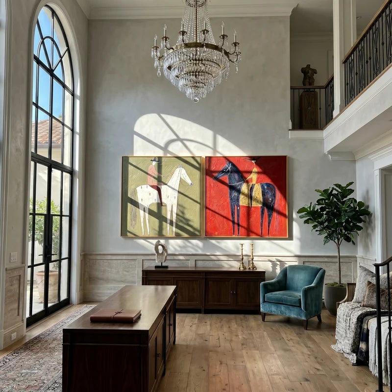 Celestial White and Black Horse Riders Diptych – Red and Olive Western Art#yy825099