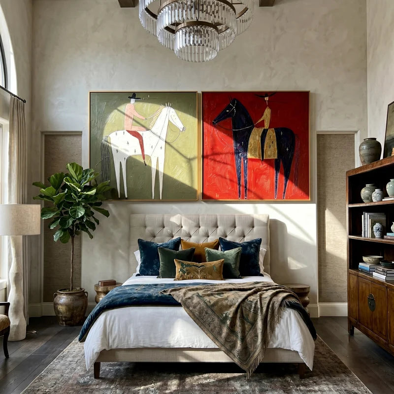 Celestial White and Black Horse Riders Diptych – Red and Olive Western Art#yy825099