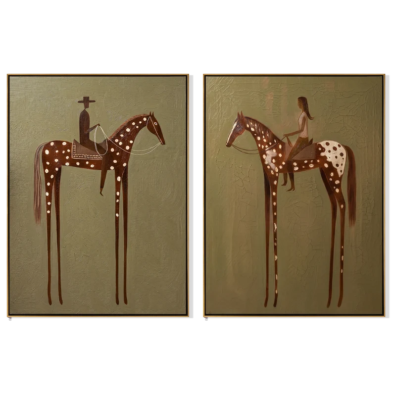 Spotted Horse Riders Diptych – Cowboy and Horsewoman Western Wall Art#yy825101