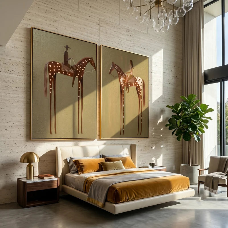 Spotted Horse Riders Diptych – Cowboy and Horsewoman Western Wall Art#yy825101