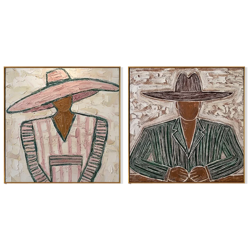 Pink Hat and Green Pinstripe Western Portrait Diptych Wall Art#yy825102