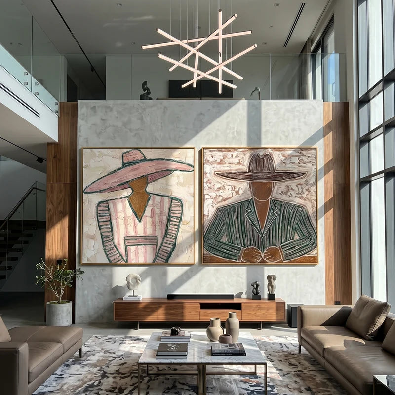 Pink Hat and Green Pinstripe Western Portrait Diptych Wall Art#yy825102