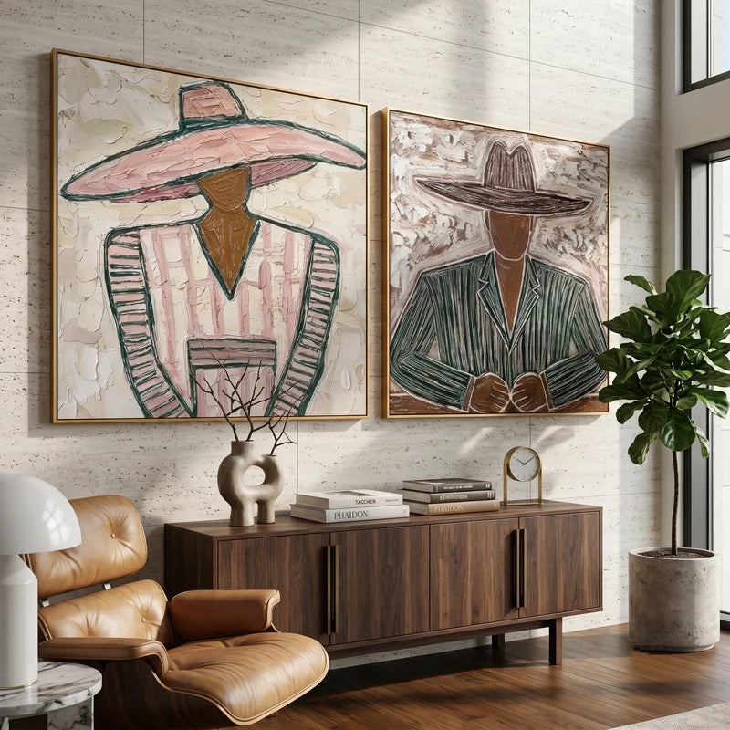 Pink Hat and Green Pinstripe Western Portrait Diptych Wall Art#yy825102