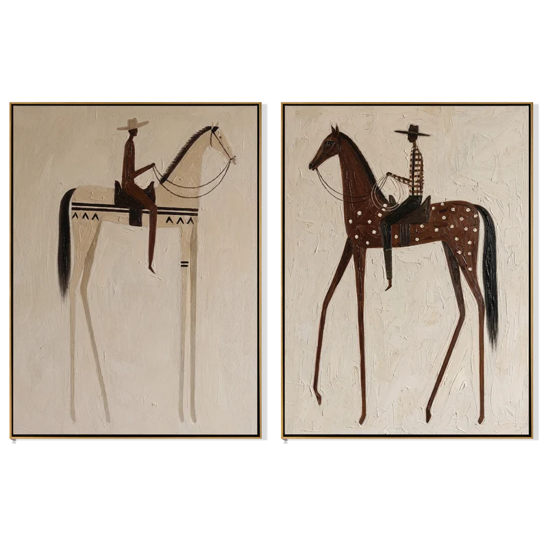 Ivory and Dappled Horse Rider Diptych – Cream Western Wall Art#yy825103