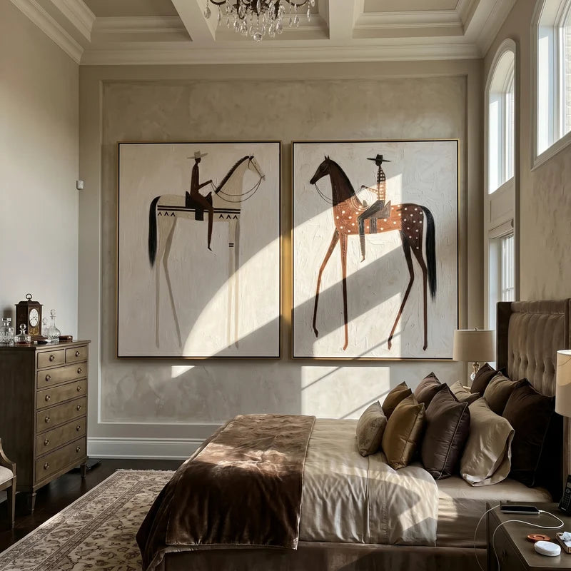 Ivory and Dappled Horse Rider Diptych – Cream Western Wall Art#yy825103