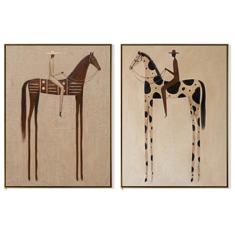 Neutral Brown and Pinto Horse Rider Diptych – Cream Western Wall Art#yy825104