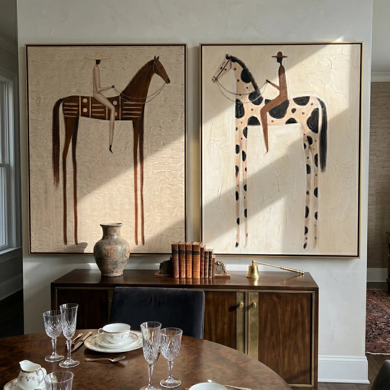 Neutral Brown and Pinto Horse Rider Diptych – Cream Western Wall Art#yy825104