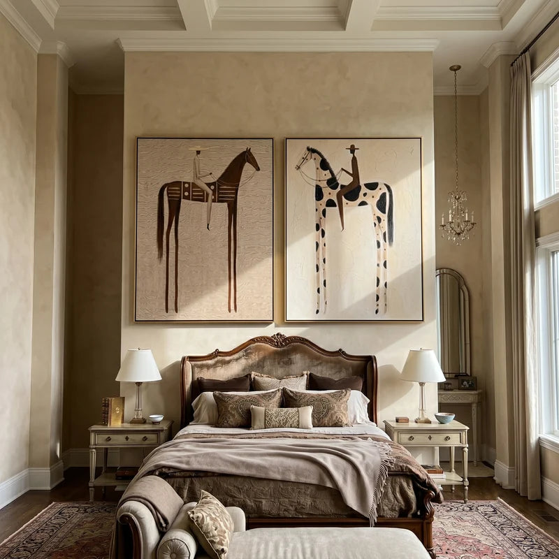 Neutral Brown and Pinto Horse Rider Diptych – Cream Western Wall Art#yy825104