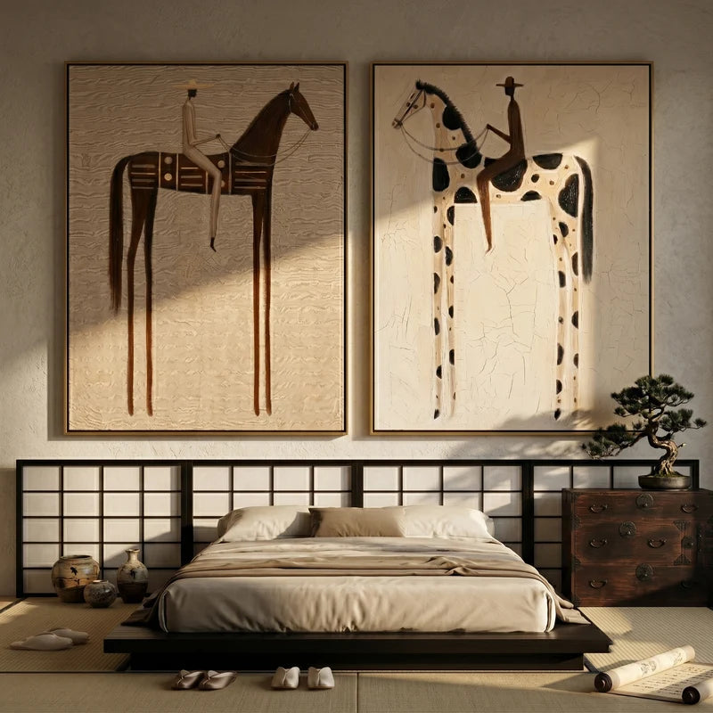 Neutral Brown and Pinto Horse Rider Diptych – Cream Western Wall Art#yy825104