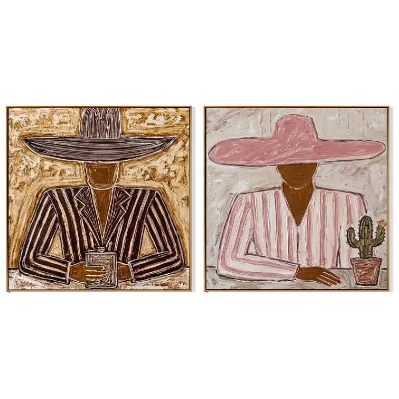 Striped Western Portrait Diptych – Pink Hat and Cactus Folk Wall Art#yy825105