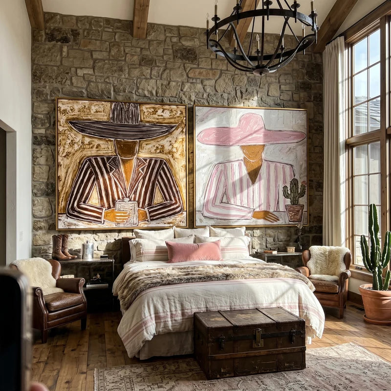Striped Western Portrait Diptych – Pink Hat and Cactus Folk Wall Art#yy825105