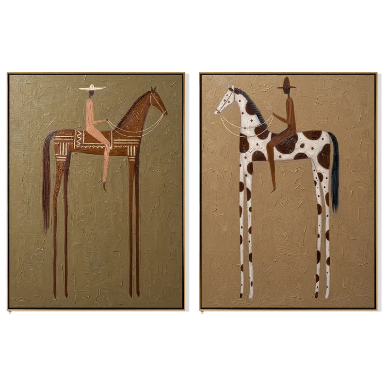 Geometric Chestnut and Pinto Horse Rider Diptych – Neutral Ranch Wall Art#yy825106