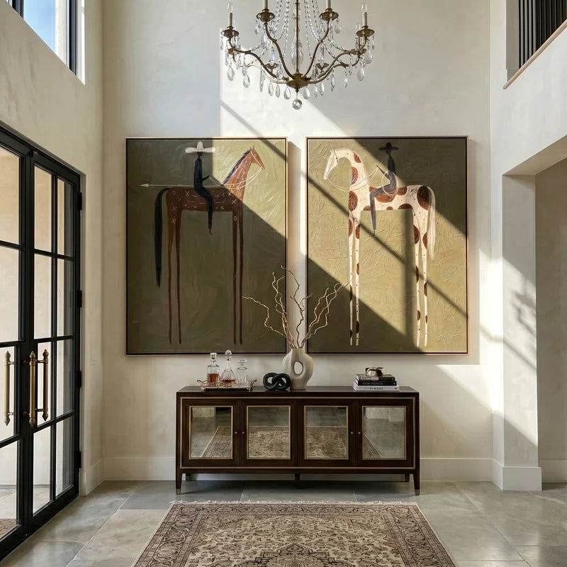 Symbolic Brown and Pinto Horse Rider Diptych – Olive Western Wall Art#yy825107