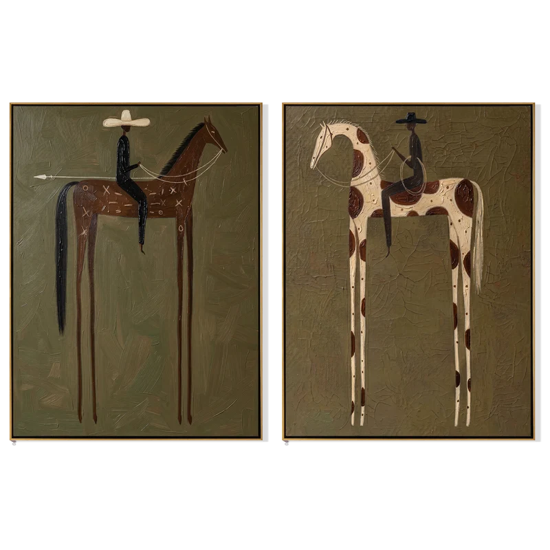 Symbolic Brown and Pinto Horse Rider Diptych – Olive Western Wall Art#yy825107