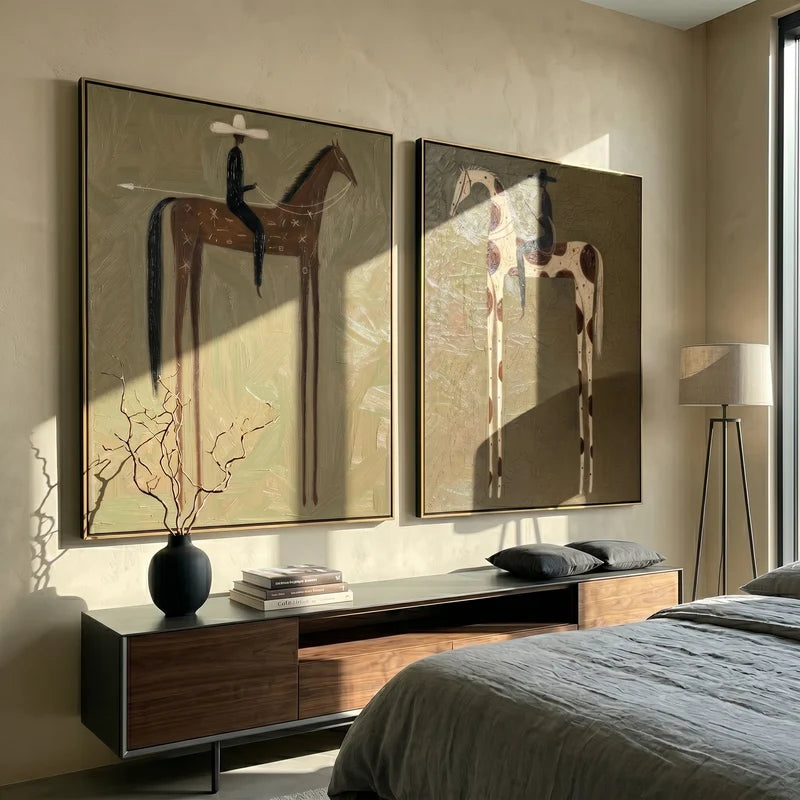 Symbolic Brown and Pinto Horse Rider Diptych – Olive Western Wall Art#yy825107