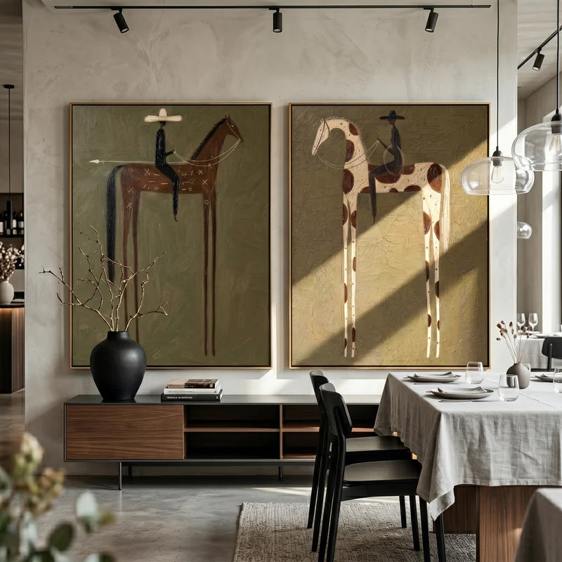 Symbolic Brown and Pinto Horse Rider Diptych – Olive Western Wall Art#yy825107