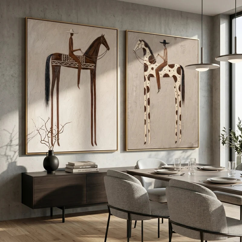 Patterned Brown and Pinto Horse Rider Diptych – Neutral Western Wall Art#yy825108