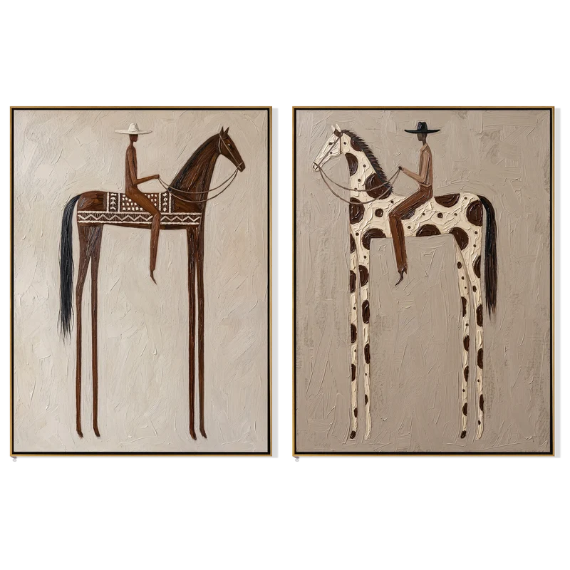 Patterned Brown and Pinto Horse Rider Diptych – Neutral Western Wall Art#yy825108